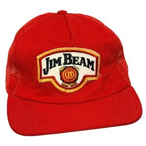 Vintage Jim Beam Trucker Hat Red Snapback Made in USA Bourbon Whiskey Cap